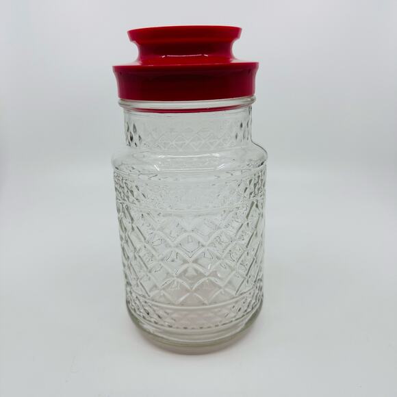 Vintage Anchor Hocking Glass Canister Jar Wexford Quilt Pattern With Red Lid - Picture 2 of 7